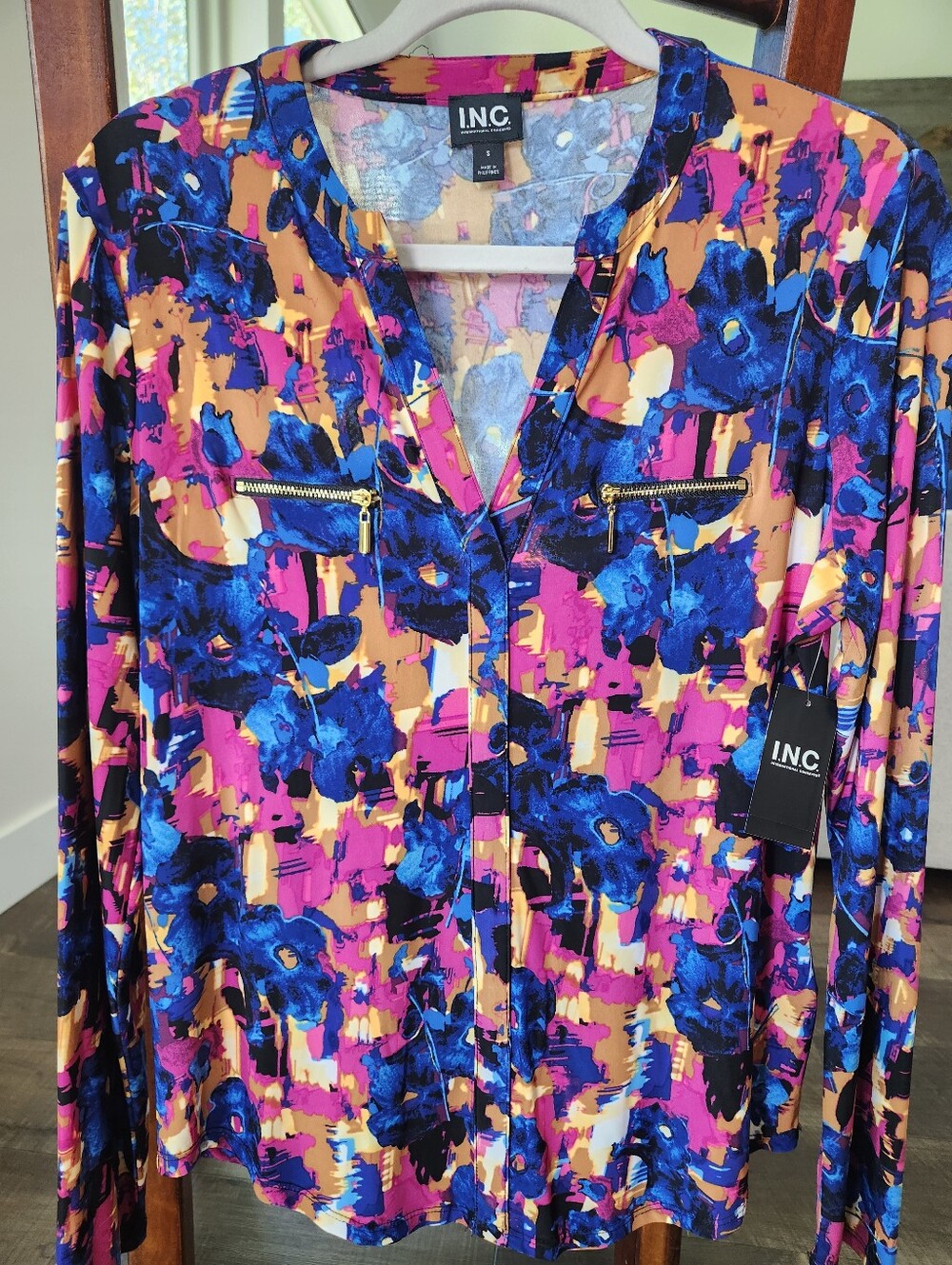 INC International Concepts Women’s Multi-Color Floral Zip-Pocket Blouse - NWT